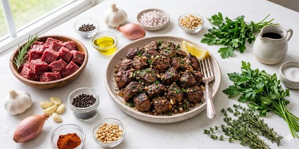 Seasoned cooked beef bites with fresh herbs and spices arranged on a plate.