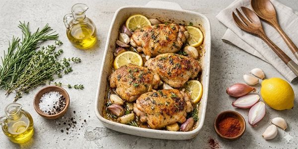 Oven-baked chicken thighs with lemon, garlic, and herbs in a white baking dish.