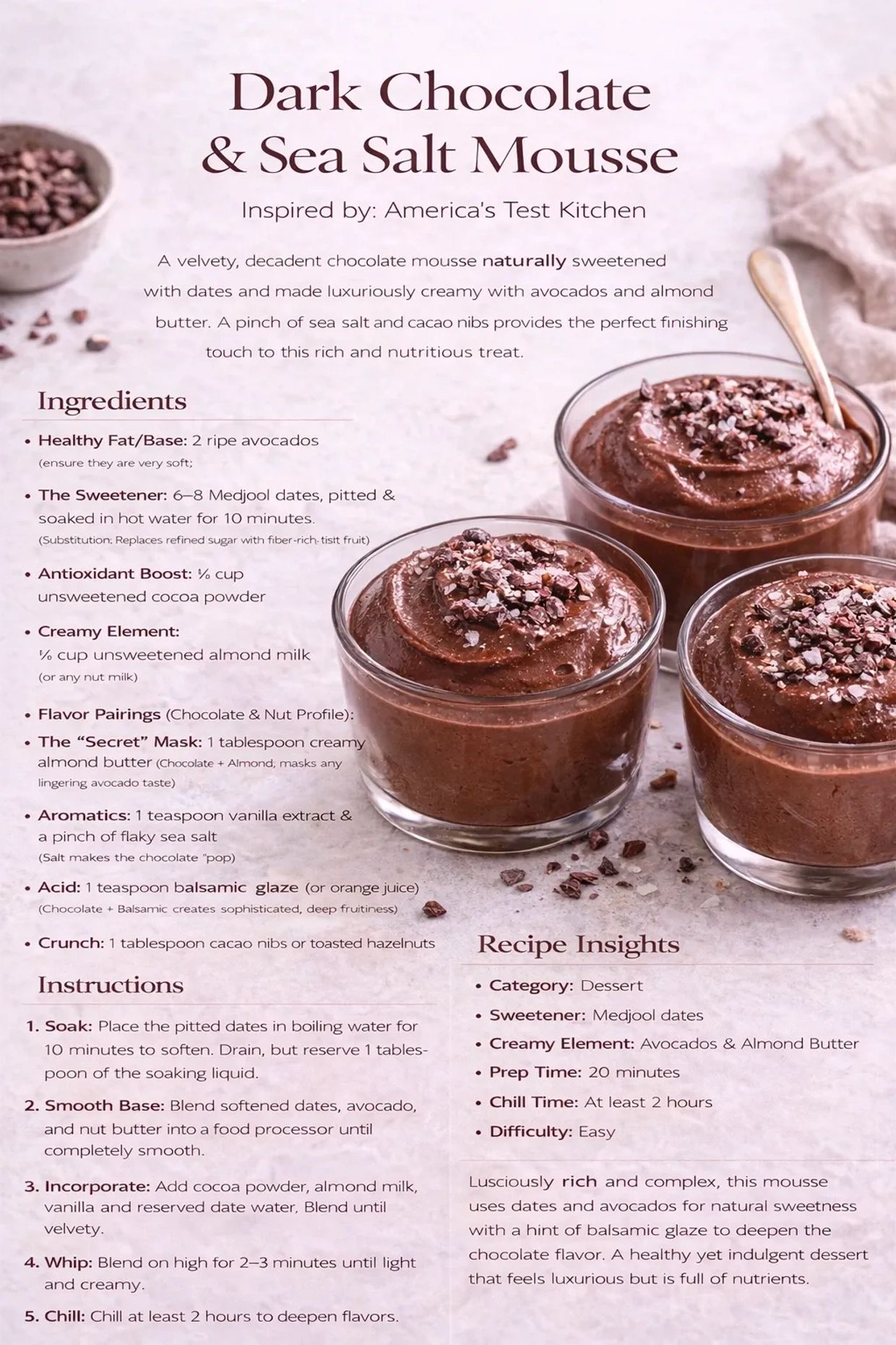 Dark chocolate and sea salt mousse made with avocado, dates, and almond butter for a rich, creamy dessert.