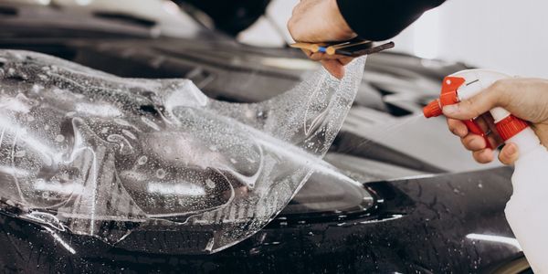 Professional installing paint protection film on a vehicle.
