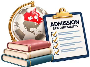 Globe highlighting Canada, books, and admission checklist.