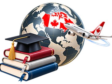 Globe with Canada, airplane, books, and graduation cap.