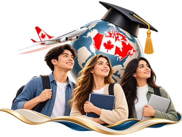 Three students with Canadian flag and airplane.