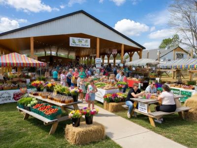 Busy outdoor farmers market with fresh produce and flowers under a pavilion.
