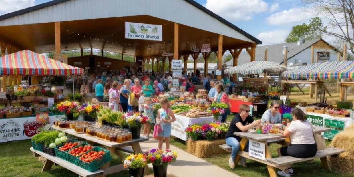 A bustling farmers market with fresh produce, flowers, and people enjoying a sunny day.