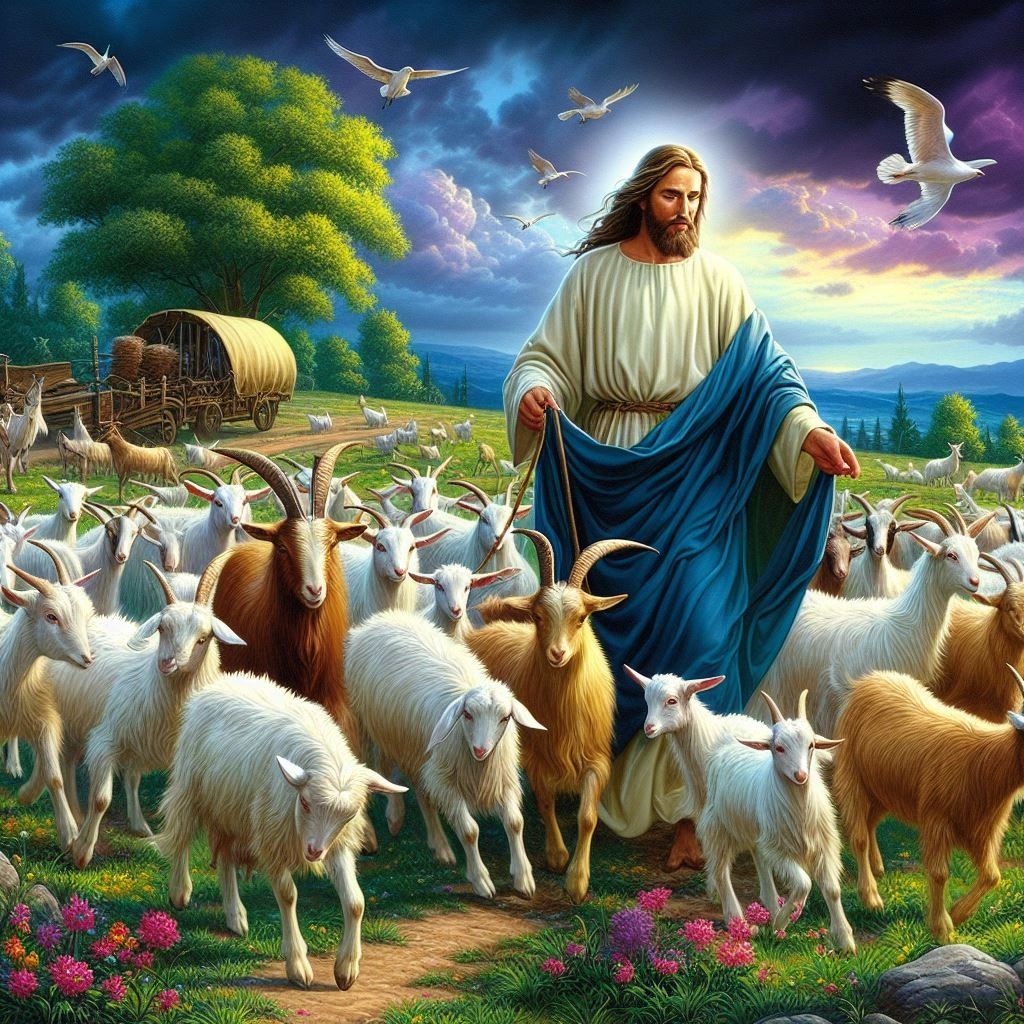 Jesus herding goats in a color field with flowers and trees