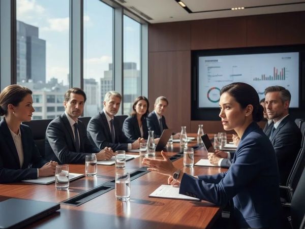 Business team engaged in a formal meeting in a modern conference room.