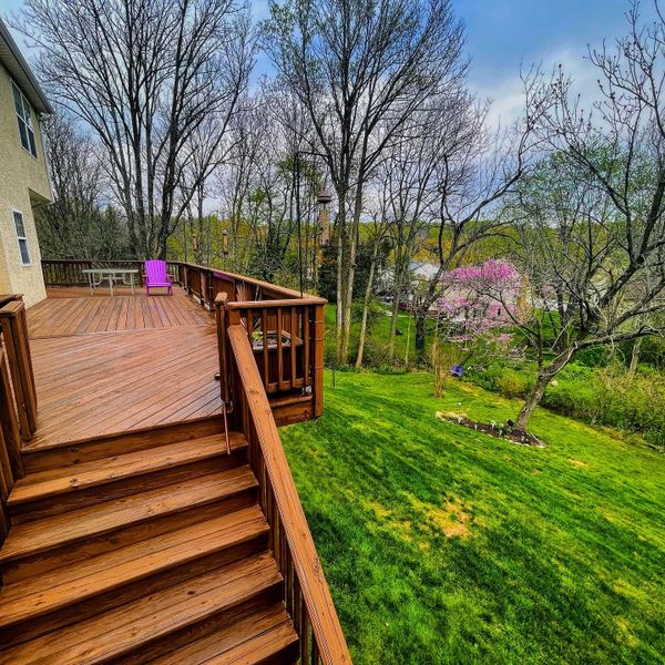 Wooden deck with stairs overlooking a green backyard and blossoming trees.