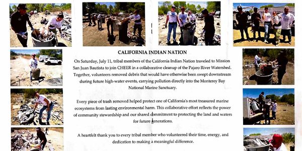 Volunteers from the California Indian Nation clean up debris at Pajaro River Watershed.