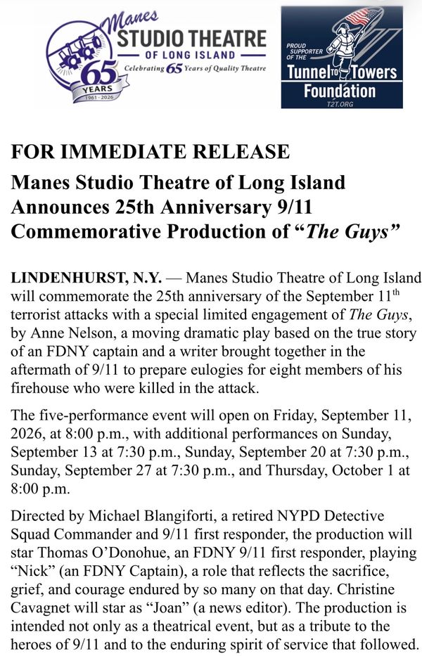 Announcement of 25th anniversary 9/11 play by Manes Studio Theatre.