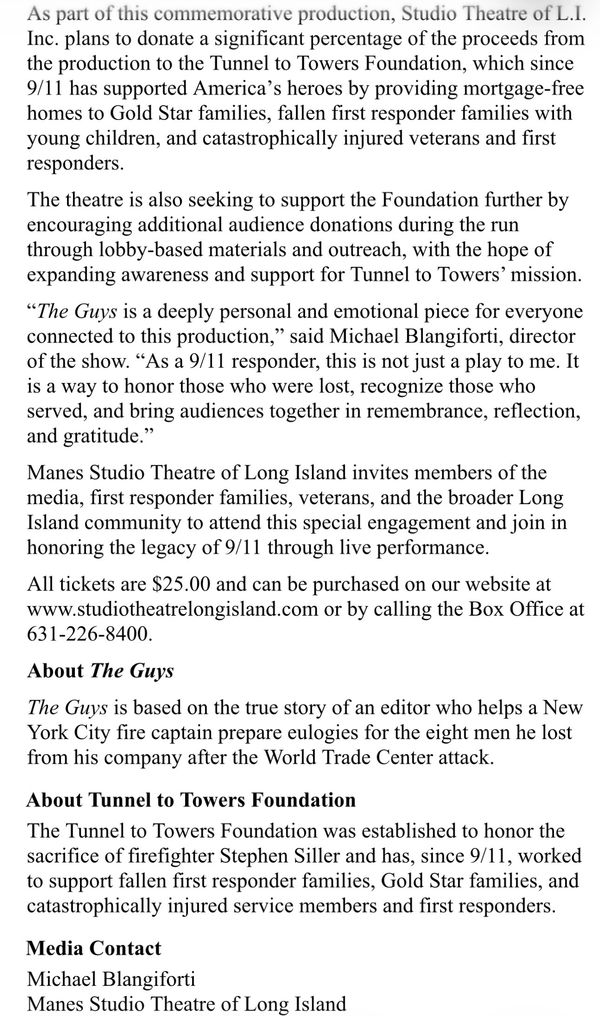 Theatre donates to Tunnel to Towers, honoring 9/11 heroes with 'The Guys' play.