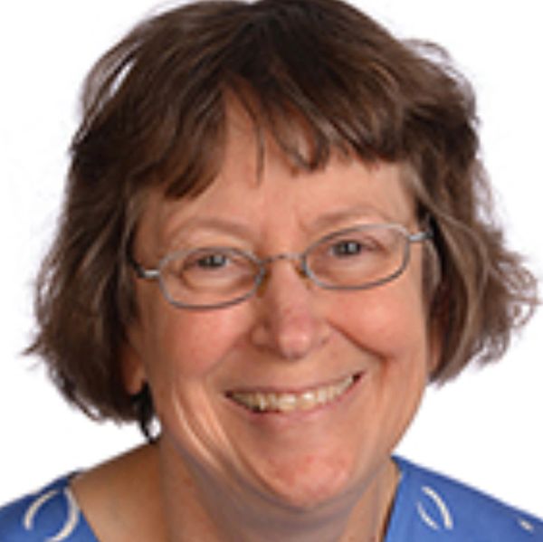 Smiling middle-aged woman with glasses and short brown hair.