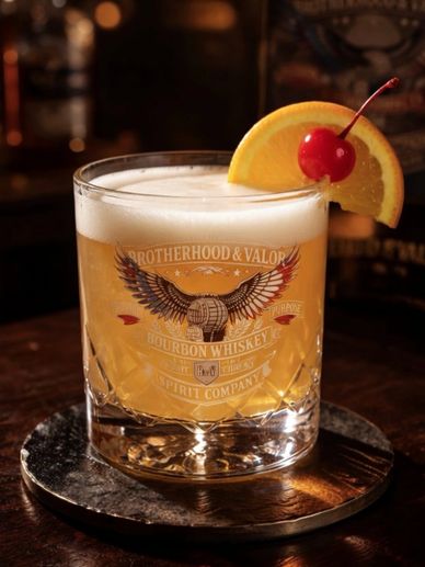 Whiskey cocktail garnished with orange slice and cherry on a coaster.