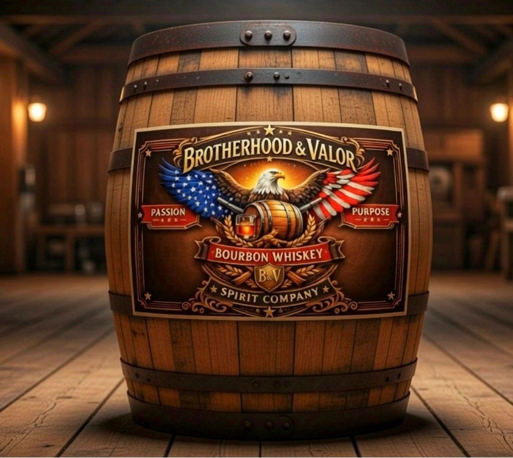 Wooden barrel with a patriotic Bourbon Whiskey label featuring an eagle and bold text.