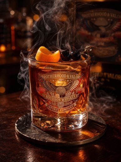 A smoky bourbon whiskey cocktail garnished with orange peel and cherries.