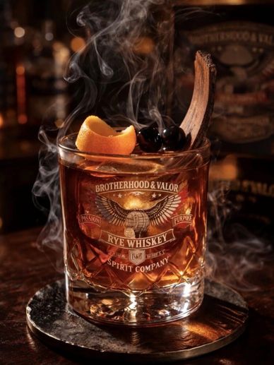 A smoky rye whiskey cocktail garnished with orange peel, cherries, and a cinnamon stick.