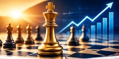 Golden chess king piece with rising bar graph and arrow behind.