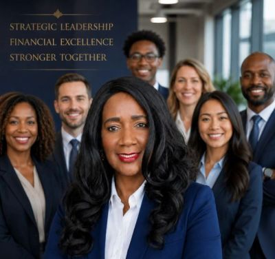 Confident business team posing together in office.