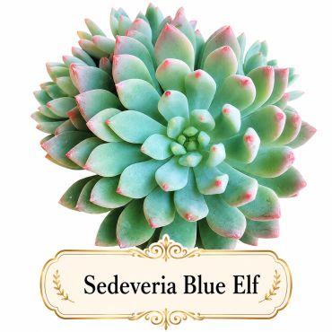 Close-up of Sedeveria Blue Elf succulent with blue-green leaves and pink tips.