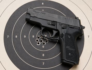 A SIG Sauer handgun resting on a target with tight bullet groupings.