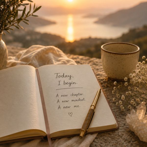 Notebook with inspiring quote at sunset with cup and flowers.