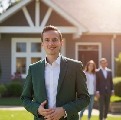 Ein Berater vor einem Einfamilienhaus