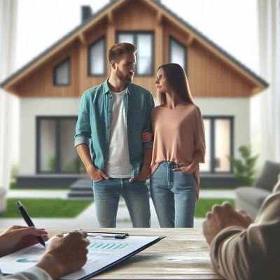 ein Paar vor einem Haus, ein Berater prüft das Haus