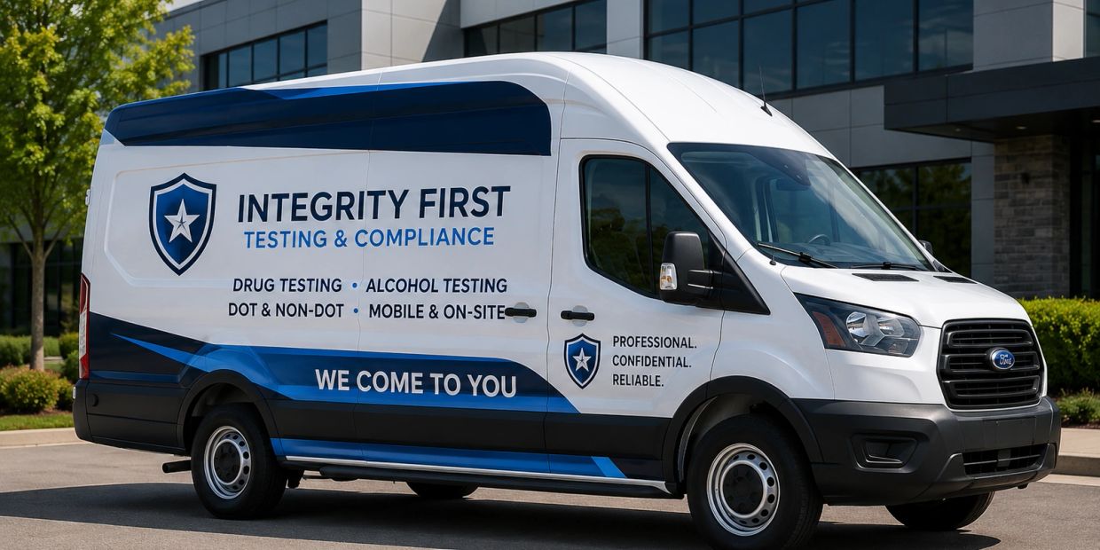 White and blue drug testing service van parked outside an office building.