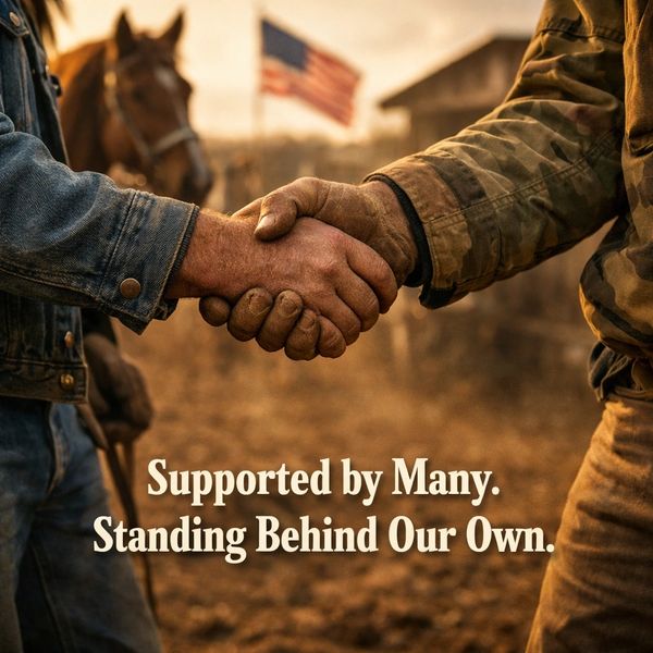 Two rugged hands shake in solidarity with an American flag and horse in the background.