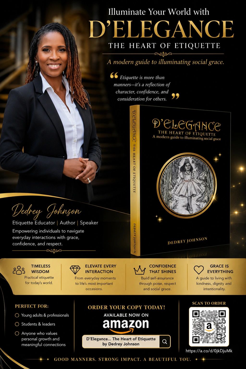 Book promotion for "D'Elegance: The Heart of Etiquette" by Dedrey Johnson, an etiquette guide.