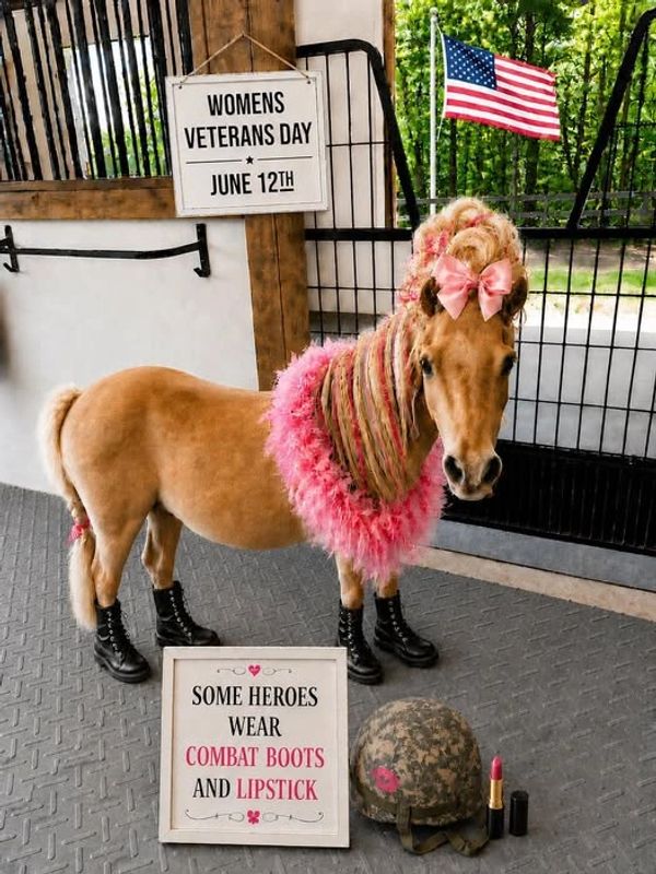 Decorated pony honoring Women's Veterans Day with pink accessories and combat boots.