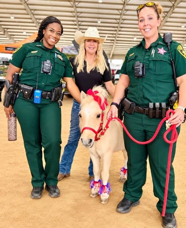 Two female officers, a woman, and a decorated pony.