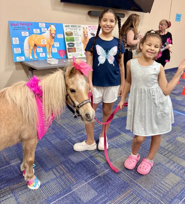 Two girls with a miniature horse dressed in pink.