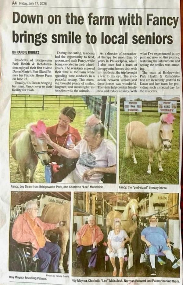 Seniors enjoy therapy visits with Fancy, a pint-sized horse, at Bridgewater Park Health &amp; Rehabilitation.