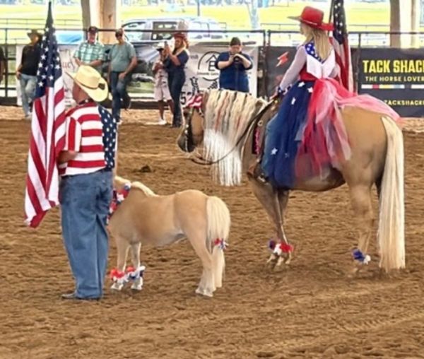 People and ponies dressed in patriotic American attire at a rodeo.