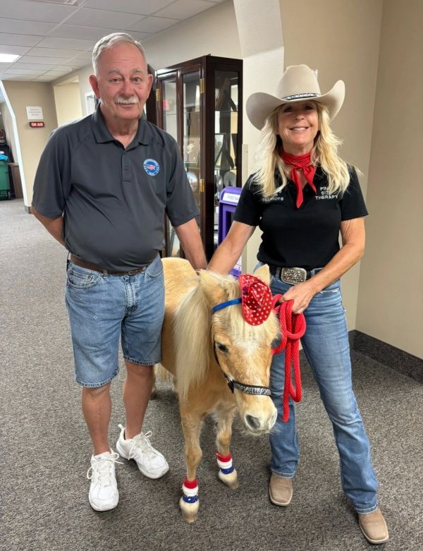 Two people with a small pony dressed in patriotic accessories.