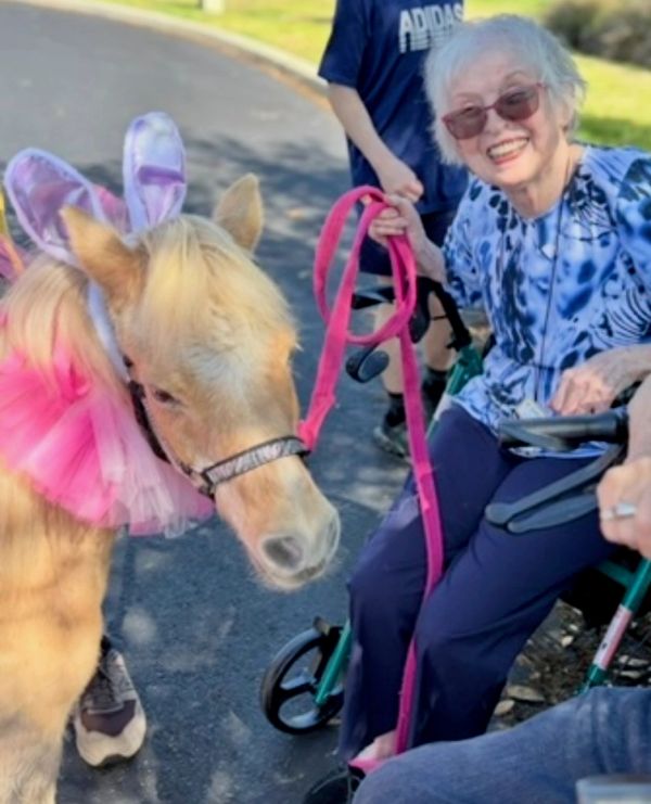 Smiling elderly woman with a decorated pony.