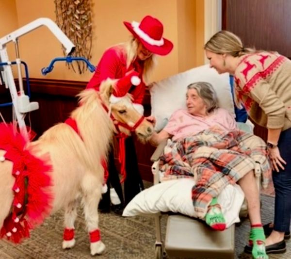 Woman in red with a pony visiting an elderly woman in bed.