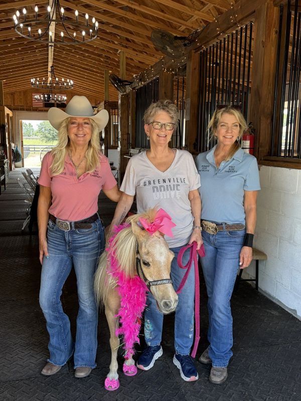 Three women with a decorated miniature horse in a stable.