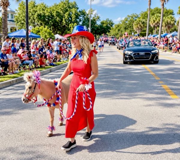 Woman leads decorated pony in festive parade.