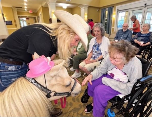Woman with horse visits elderly woman in wheelchair.