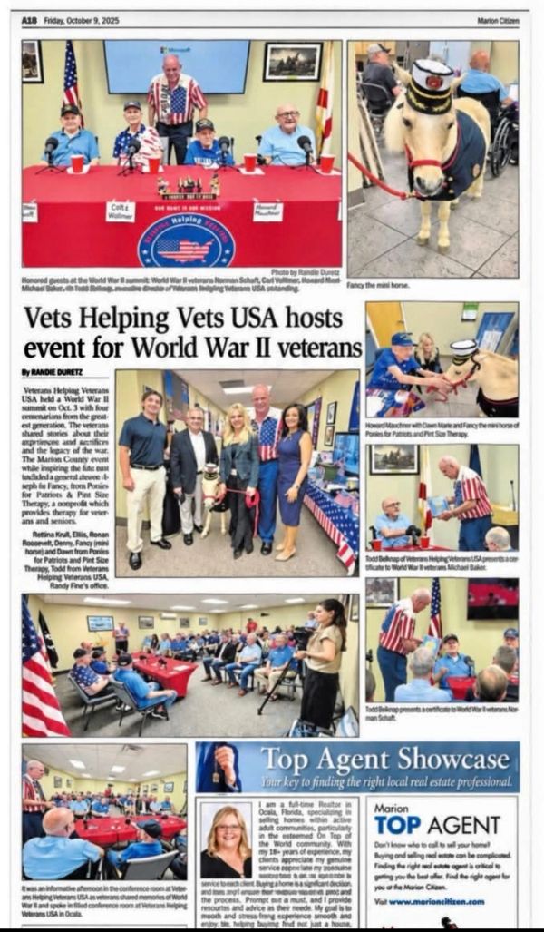 Event honoring World War II veterans with therapy horses and community support.