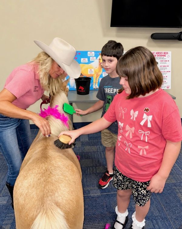 Children and a woman brushing a pony indoors.