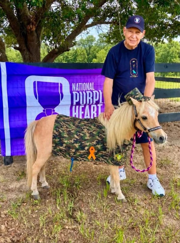Man with a pony dressed in camouflage in front of a Purple Heart flag.