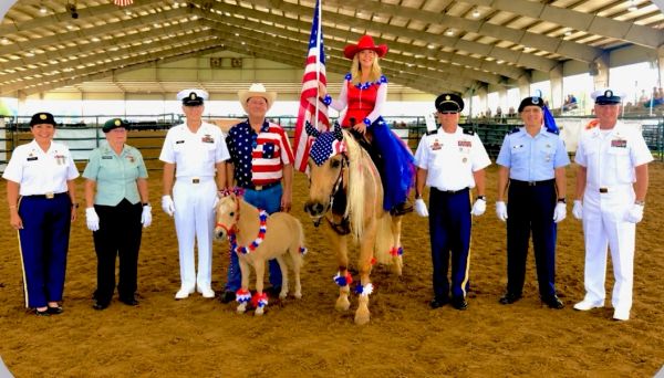Group of people in uniform with horses in patriotic attire.
