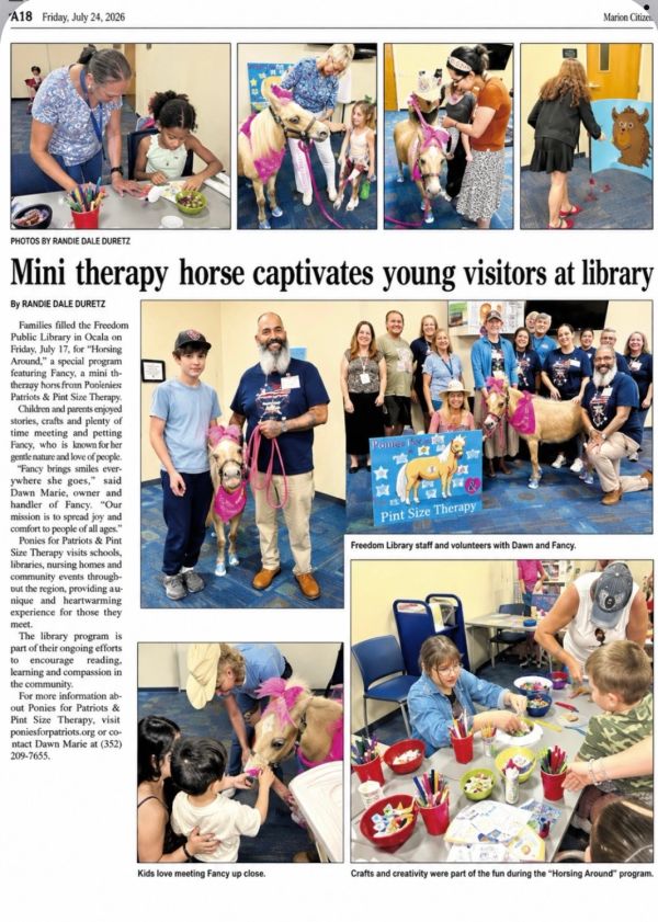 Mini therapy horse visits Freedom Public Library, delighting children.