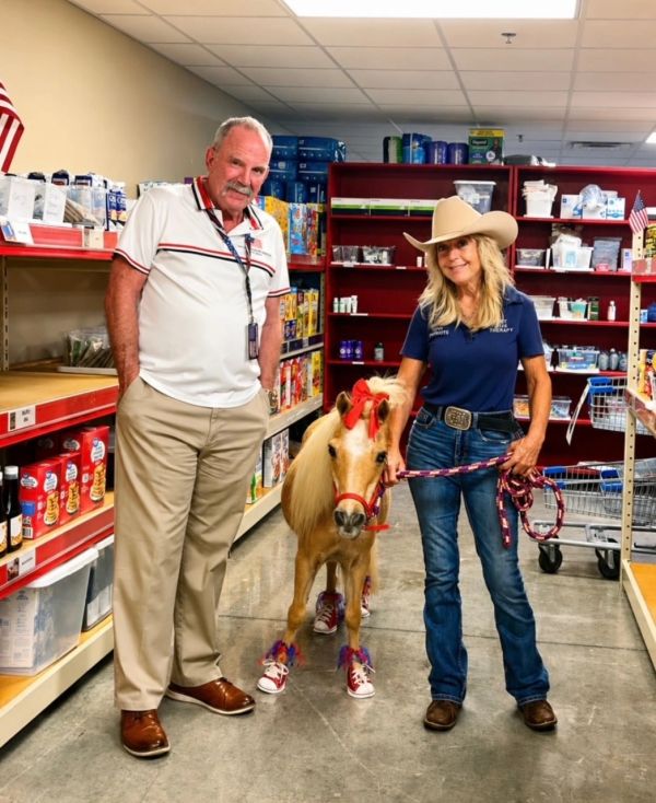 Two people with a mini horse inside a store.