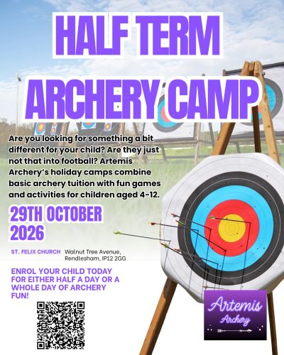 Half term archery camp for kids aged 4-12 on 29th October 2026.