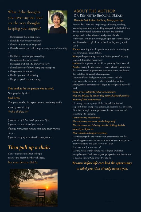 Book excerpt about overcoming life's struggles by Dr. Kennethia Brooks with photo and motivational message.