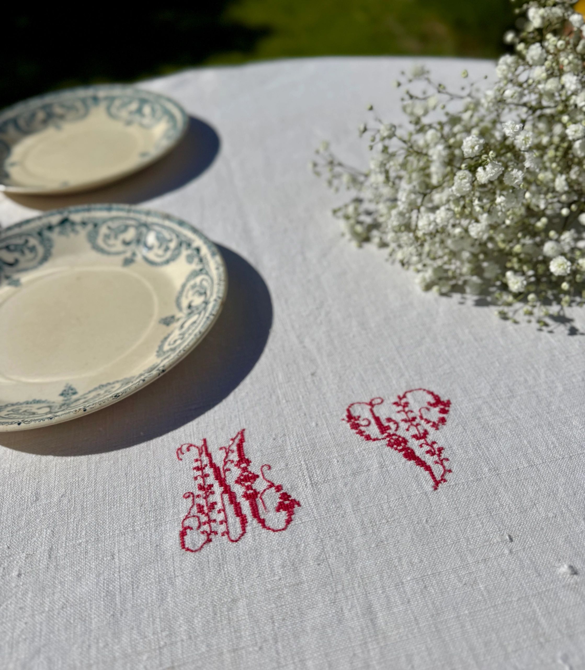 Monogrammed Vintage Linen Tablecloth